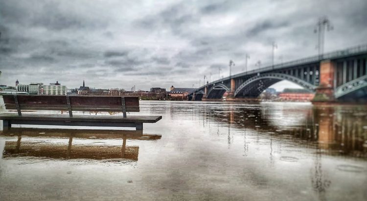 Rheinhochwasser, Foto by @madbuscha #hochwasser #rheinhochwasser #Wiesbaden #Mainz #theodorheussbrücke